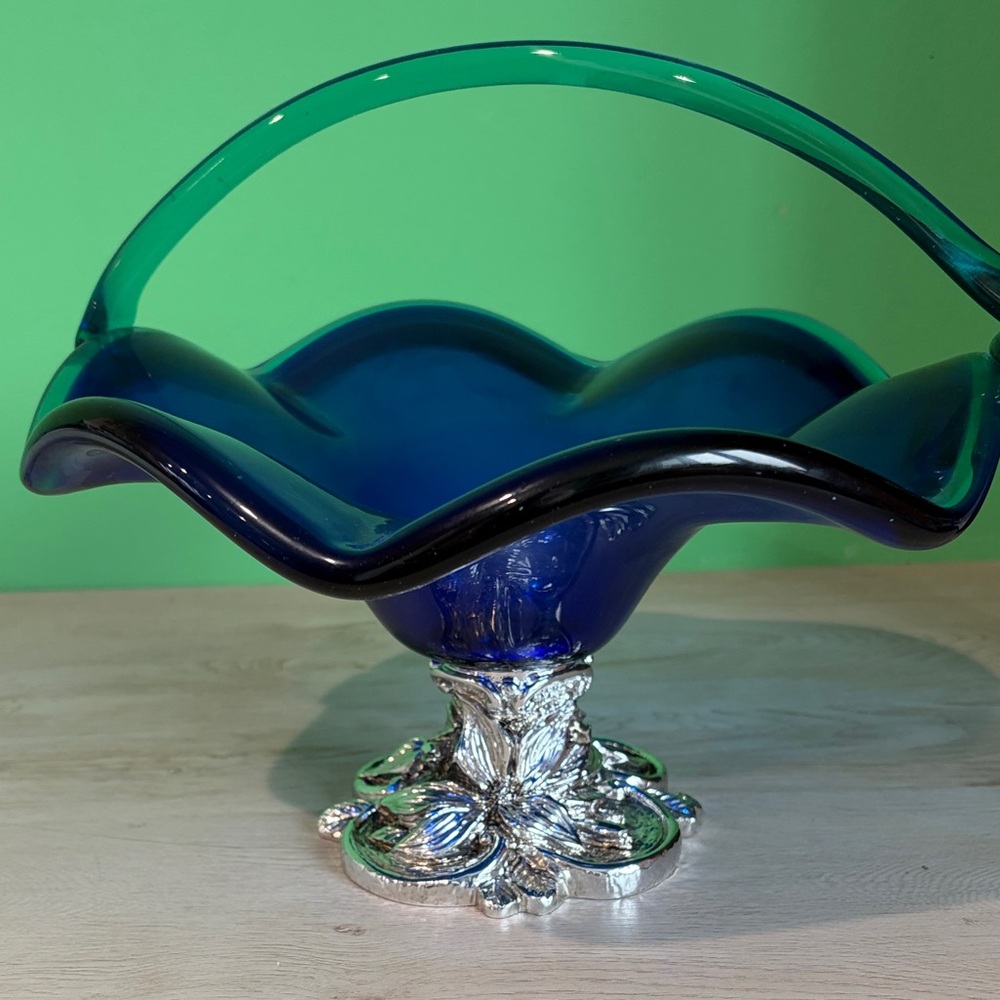 Elegant Blue Glass Bowl with Silver Base handblown from Italy